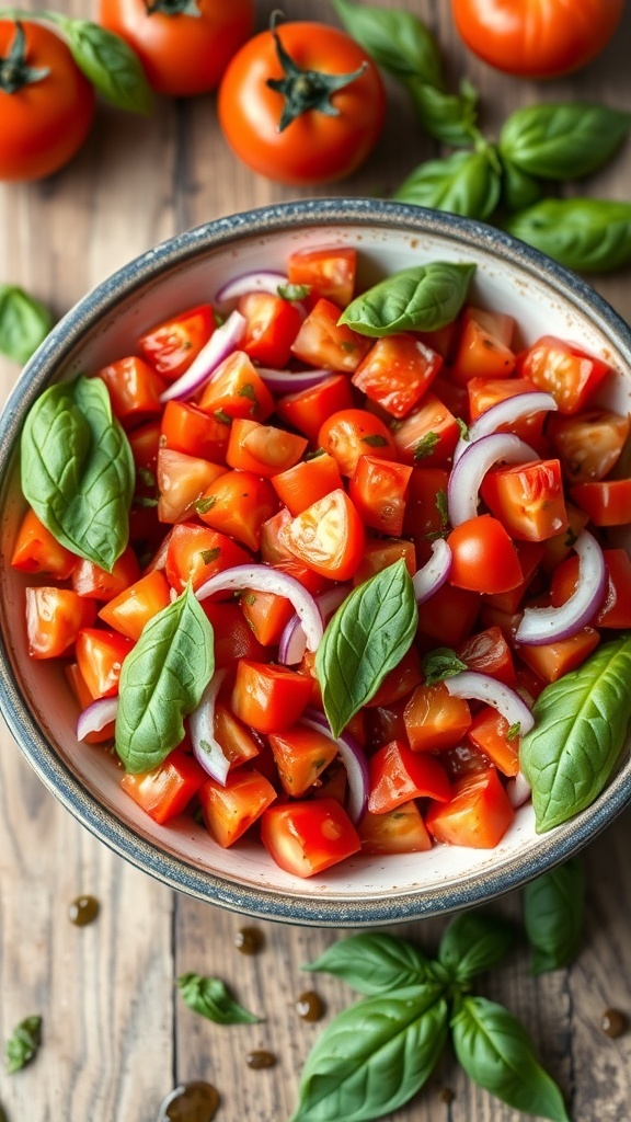 Fresh Tomato Salad Recipe A colorful tomato salad with diced tomatoes, red onions, and basil in a rustic bowl on a wooden table.